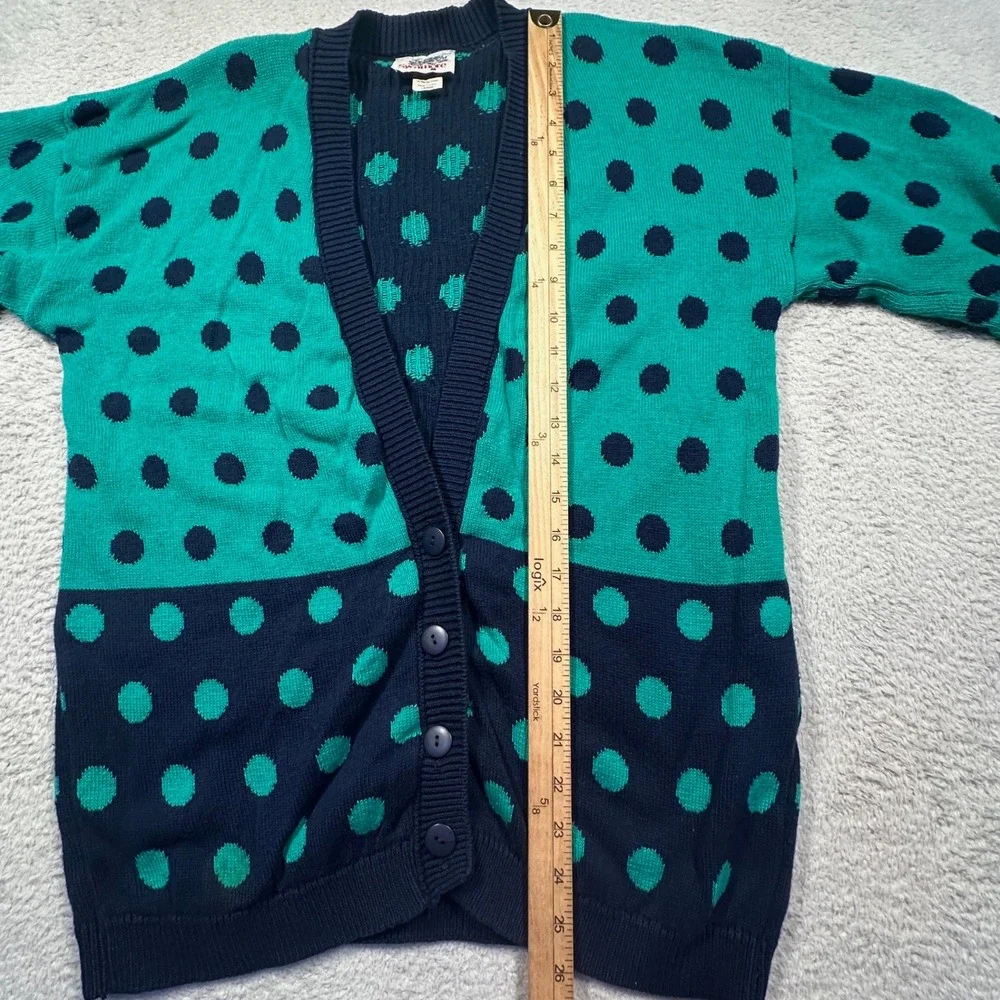 Vintage Sycamore Polka Dot Cotton Cardigan Sweater Green Navy Blue L Made in USA